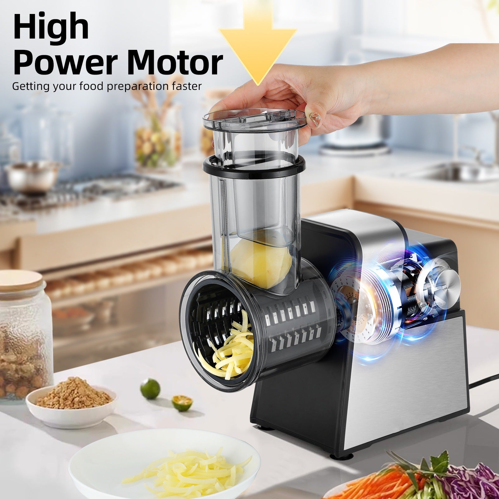 Stainless Steel Electric Vegetable Slicer & Cheese Grater Multi-Function Food Processor with 5/7 Interchangeable Blades
