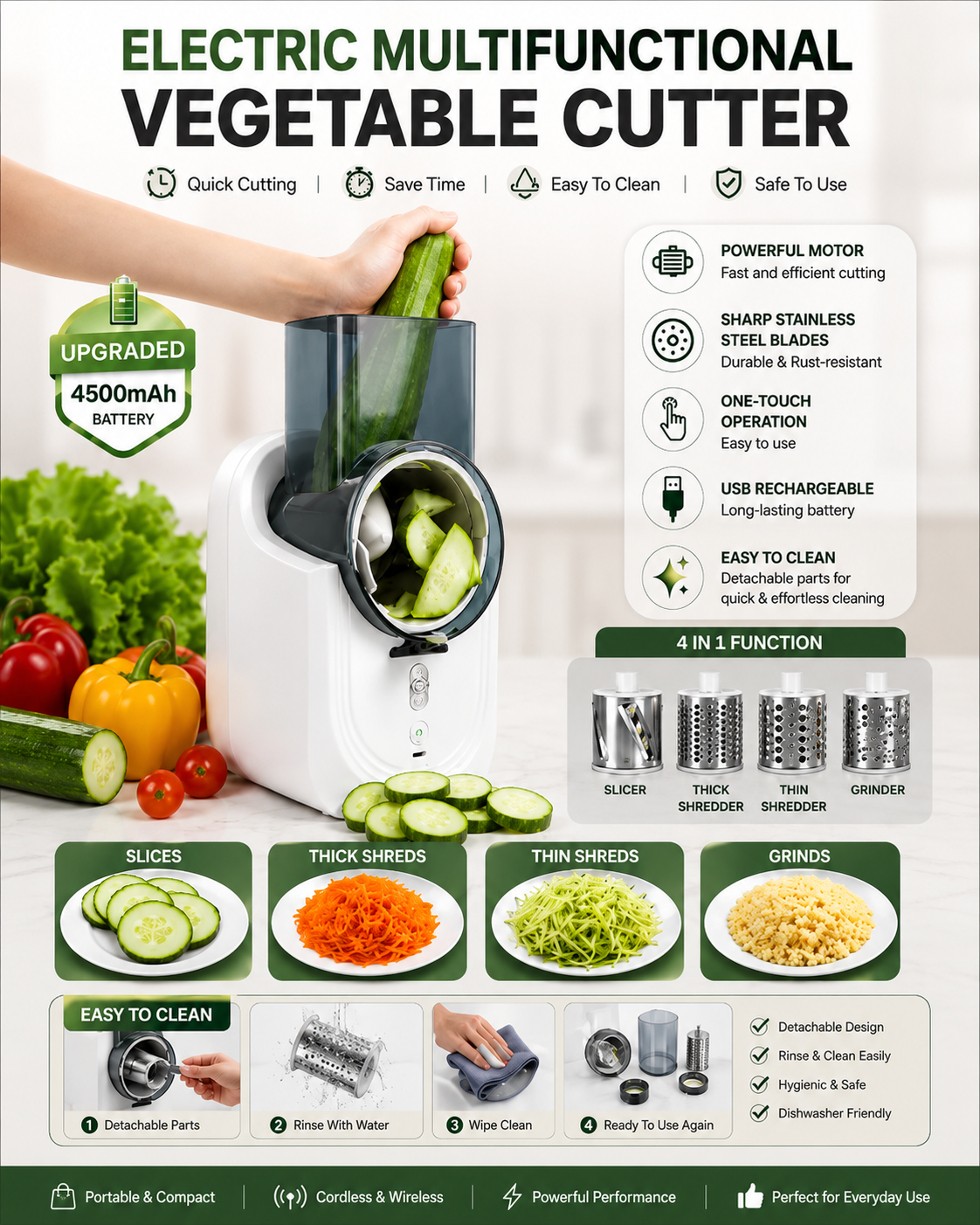 Multi-Function Electric Vegetable Cutter & Slicer Rechargeable, 5-in-1 Kitchen Chopper